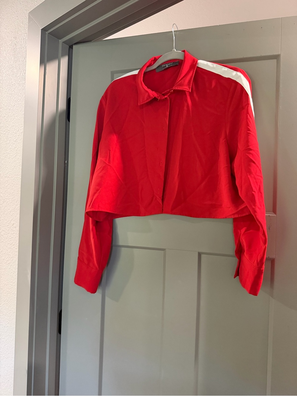 Primark Red Cropped Button-Up Top with White Shoulder Stripe
